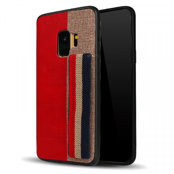 Wholesale Galaxy S9 Striped Hand Strap Grip Holder PU Leather Case (Red)